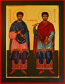 Ikone der heiligen Ärzte Kosmas und Damian, gemalt von Alfred Rebhan aus Teuschnitz
